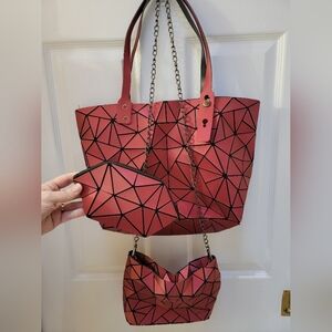 Geometric Women's Trio, Shoulder Tote Bag, Crossbody Bag, Makeup Bag Red